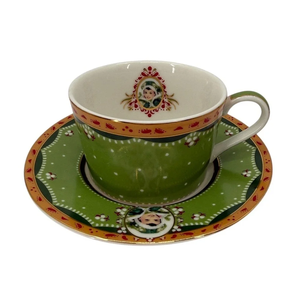 Avon Honor Society 2003 Green Portrait Teacup Saucer Set Gold Trim Collector Cup